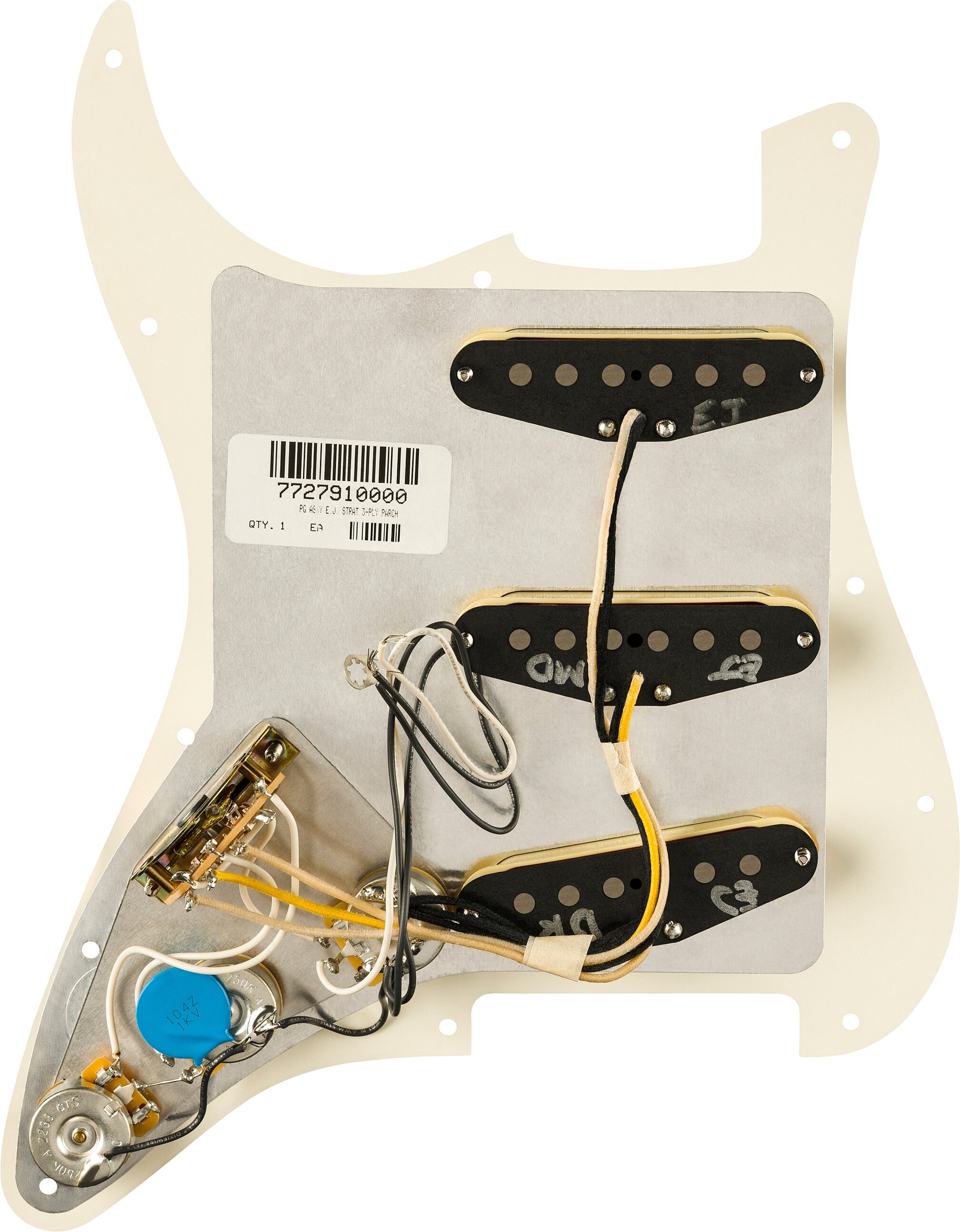 Fender EJ Pre-Wired Stratocaster Pickguard, Parchment, 11 Hole, Action Position Back