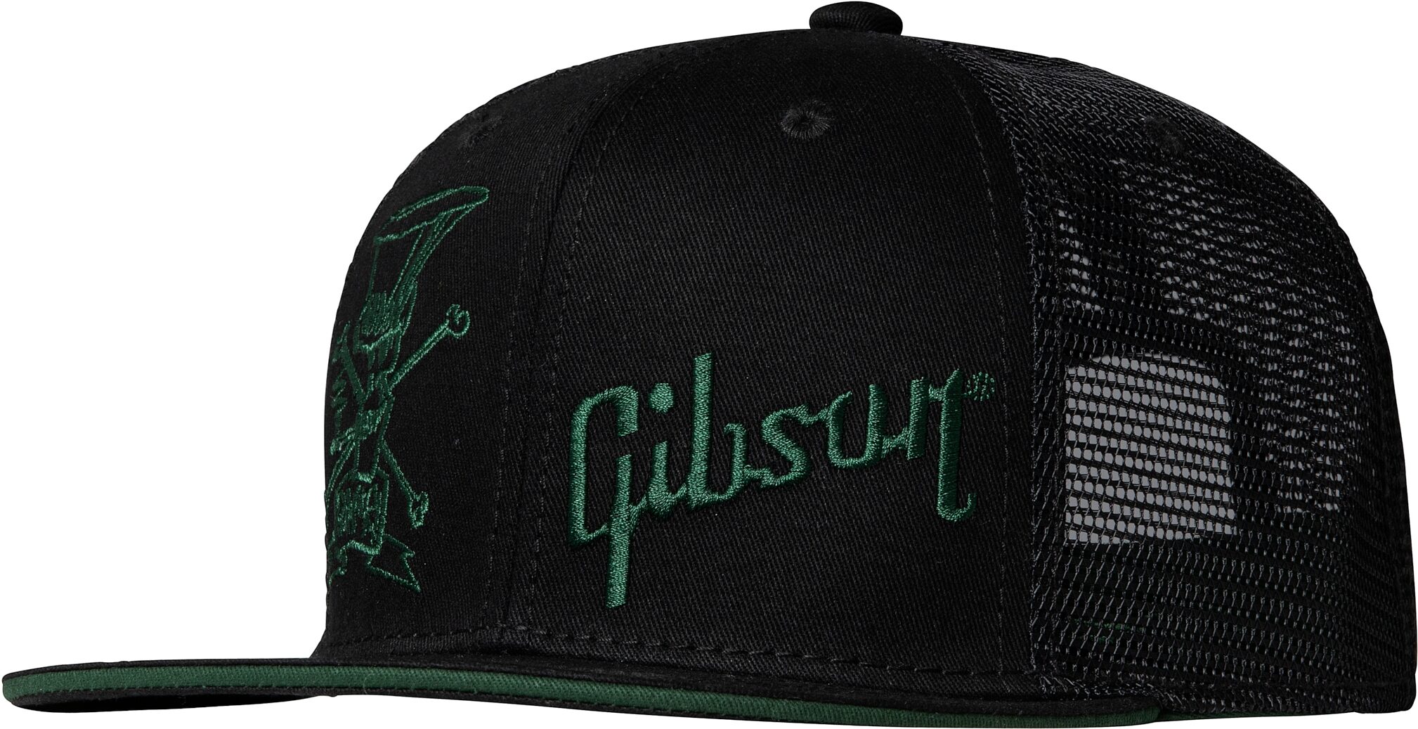 Gibson Slash Skully Hat, Green on Black, Trucker Style, Front