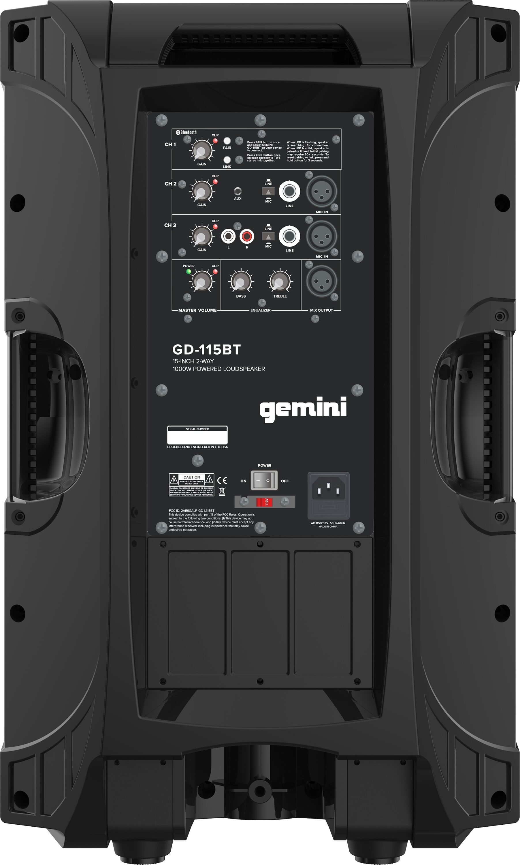 Gemini GD-115BT Powered Speaker with Bluetooth, Action Position Back