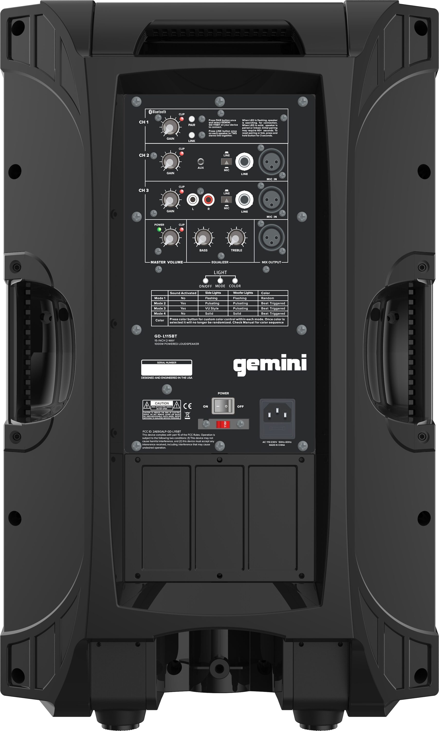 Gemini GD-L115BT Powered Speaker with Bluetooth, Action Position Back