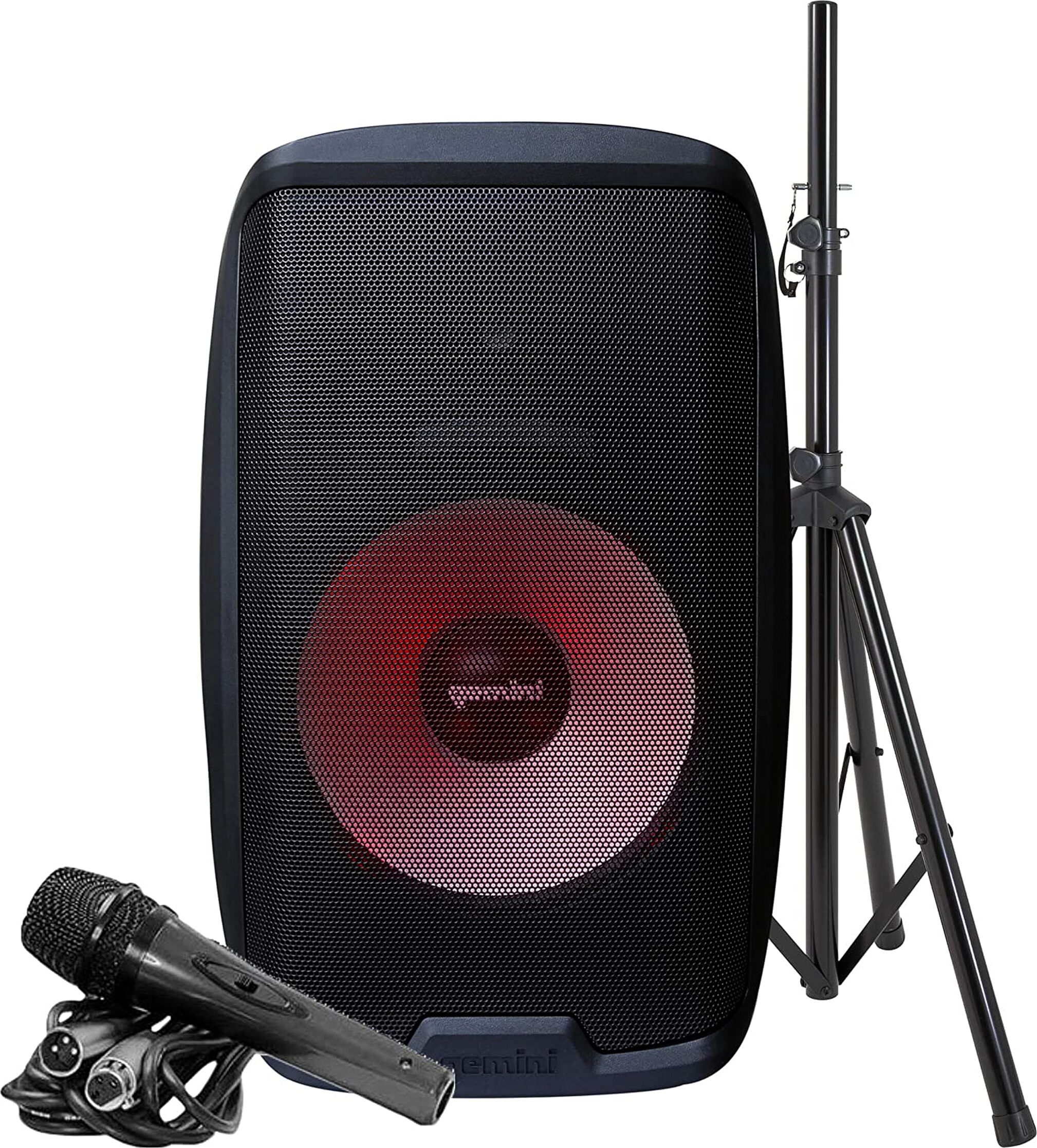 Gemini AS-2115BT-LT Powered Bluetooth Loudspeaker with Light Show, With Stand, Action Position Back