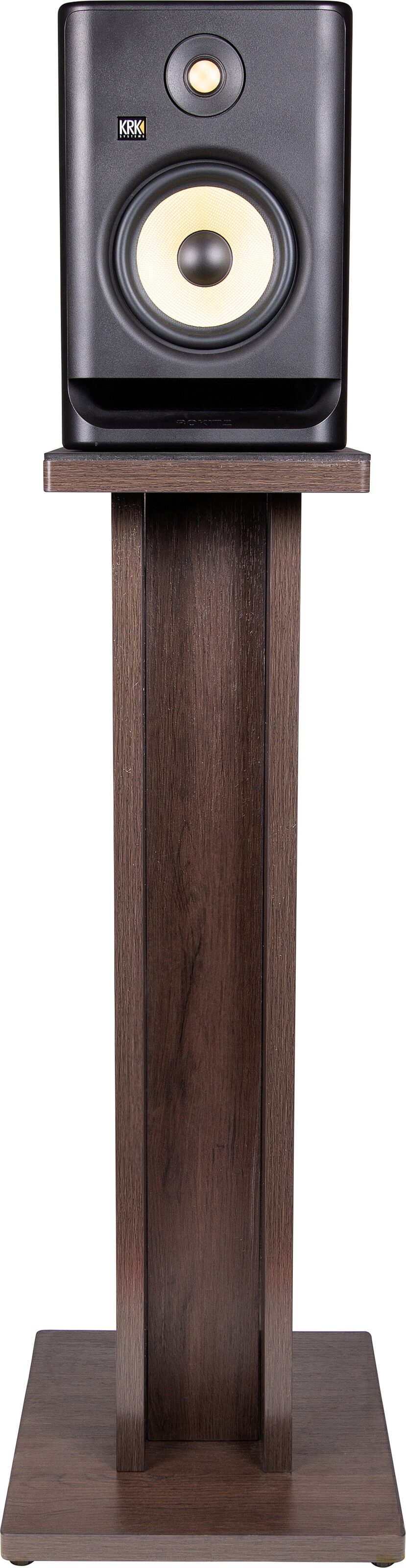 Gator Elite Series Studio Monitor Stand, Brown, 2-Pack, Front In Use