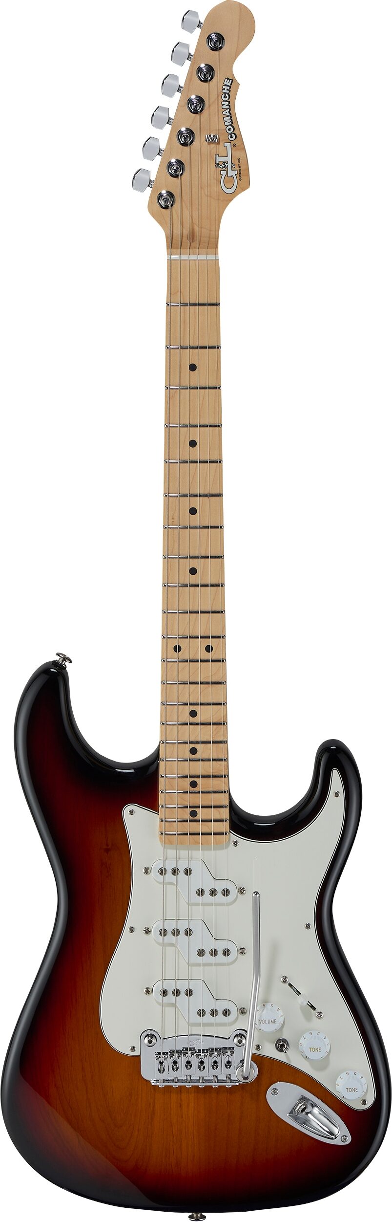 G&L Fullerton Deluxe Legacy Electric Guitar (with Gig Bag), 3-Tone Sunburst, Action Position Front
