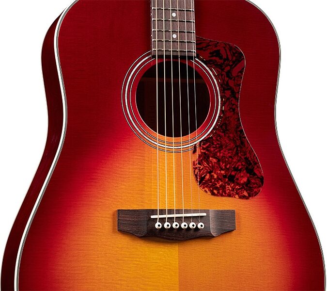 Guild D-140 Acoustic Guitar (with Case), Cherry Burst, Action Position Back
