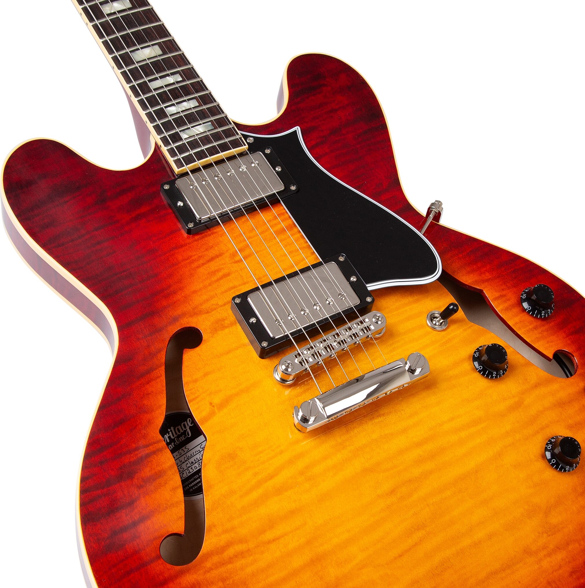 Heritage Custom Core H-535 Semi-Hollowbody Electric Guitar, Dark Cherry Sunburst, Action Position Back