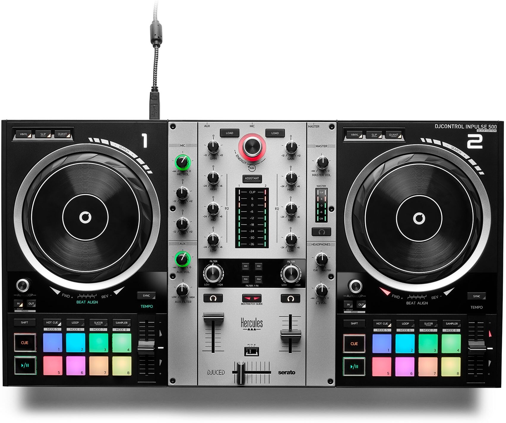 Hercules DJControl Inpulse 500 DJ Controller, Limited-Edition Silver, with Included Carry Case, Action Position Back