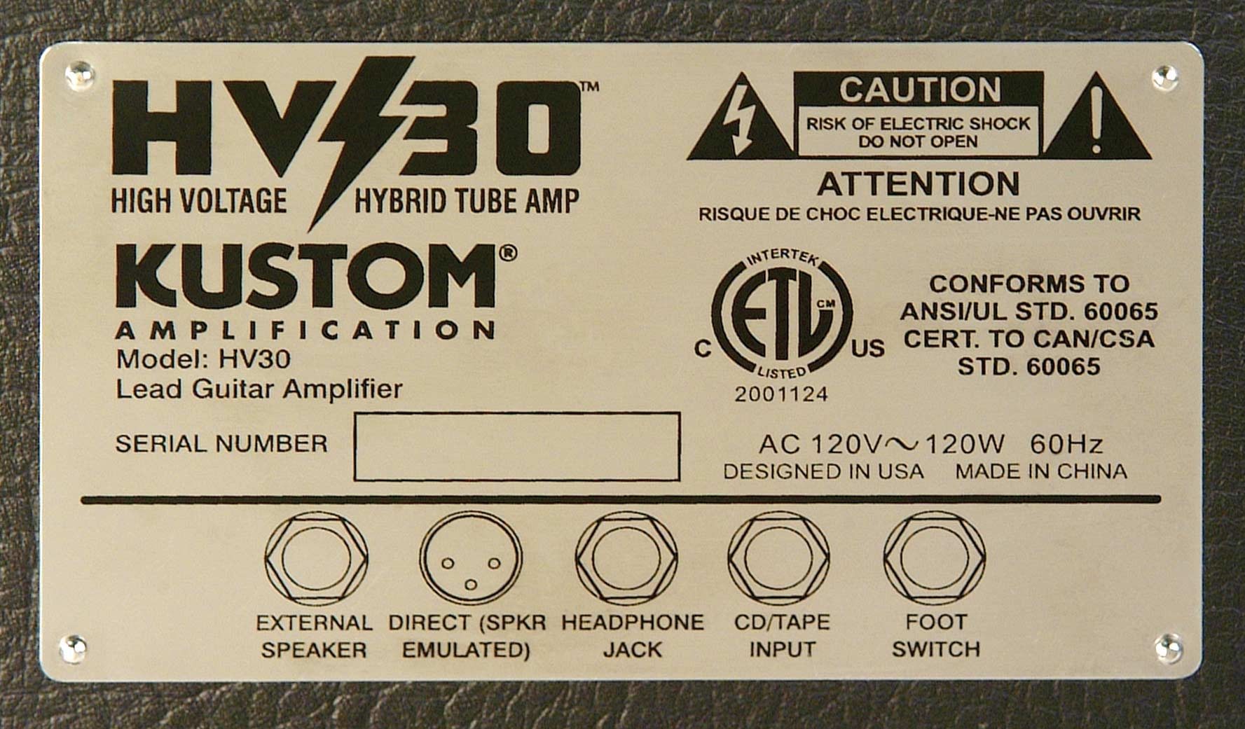 Kustom HV30 Guitar Combo Amplifier (30 Watts, 1x12 in.), Rear Panel