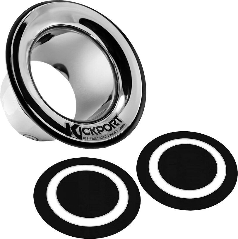 KickPort Bass Drum Sonic Enhancement Port System, Chrome, with KickPort D-Pad Bass Drum Impact Pad (Black, 2-Pack), pack