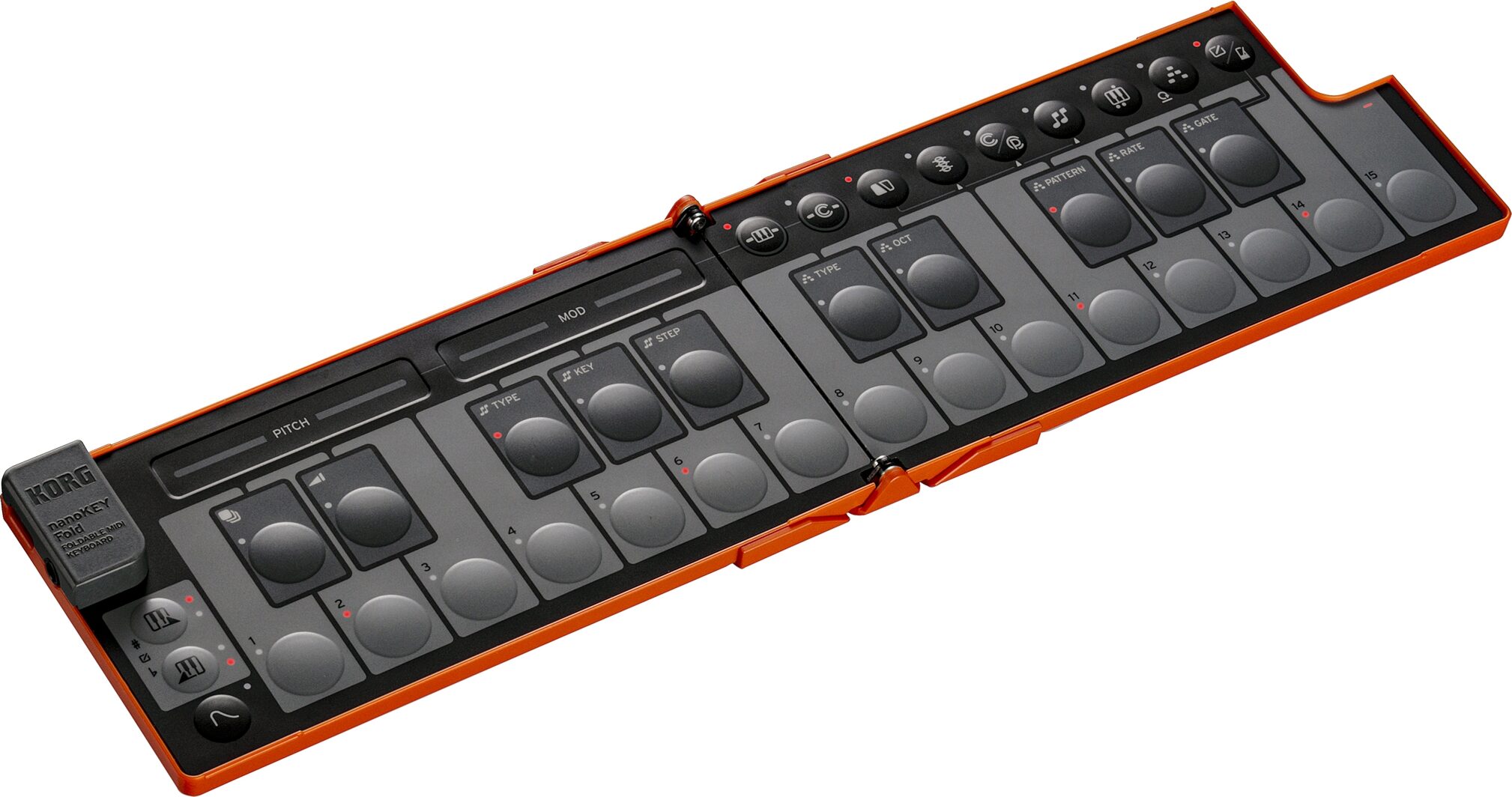 Korg Nanokey Fold USB MIDI keyboard, Lava Orange, Action Position Back