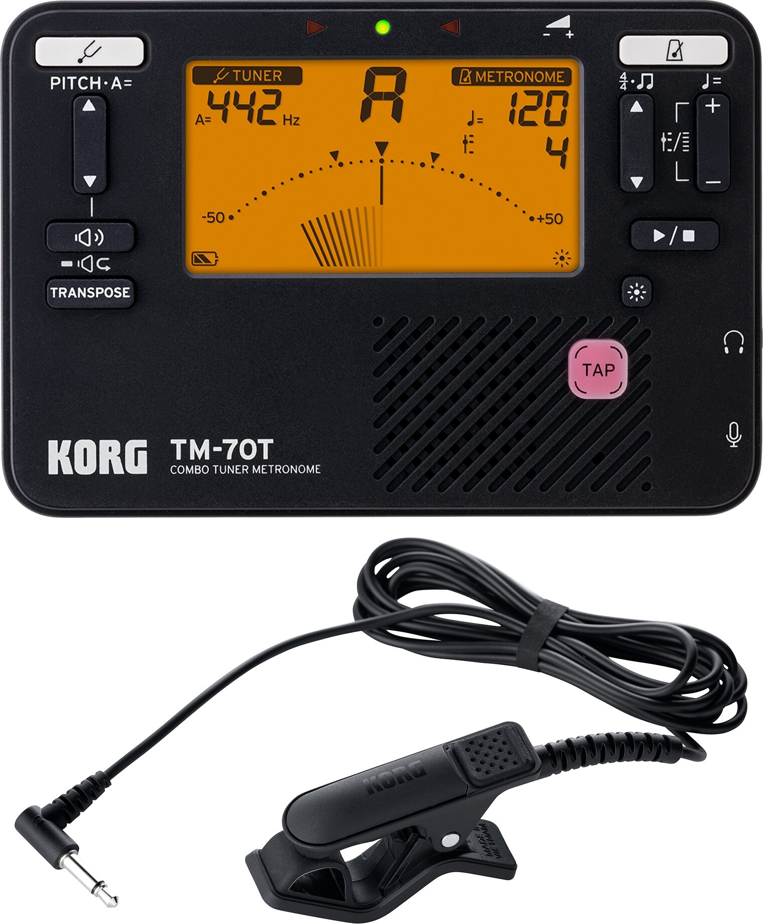 Korg TM70-T Tuner Metronome with CM400 Contact Microphone, New, Action Position Back