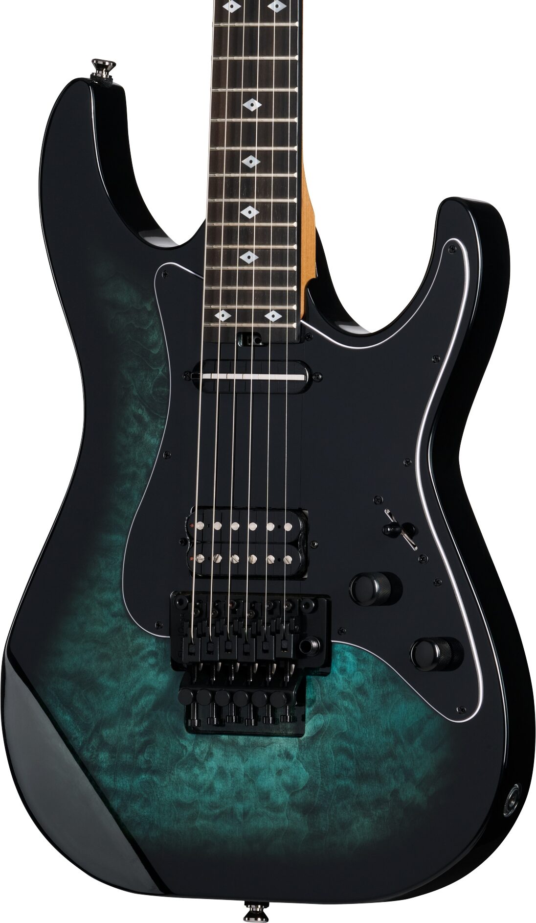 Kramer Volante Quilt HSFR Electric Guitar (with Gig Bag), Aqua Burst, Action Position Back