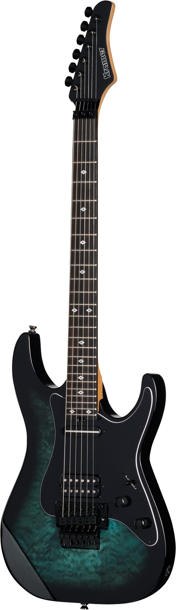 Kramer Volante Quilt HSFR Electric Guitar (with Gig Bag), Aqua Burst, Action Position Back
