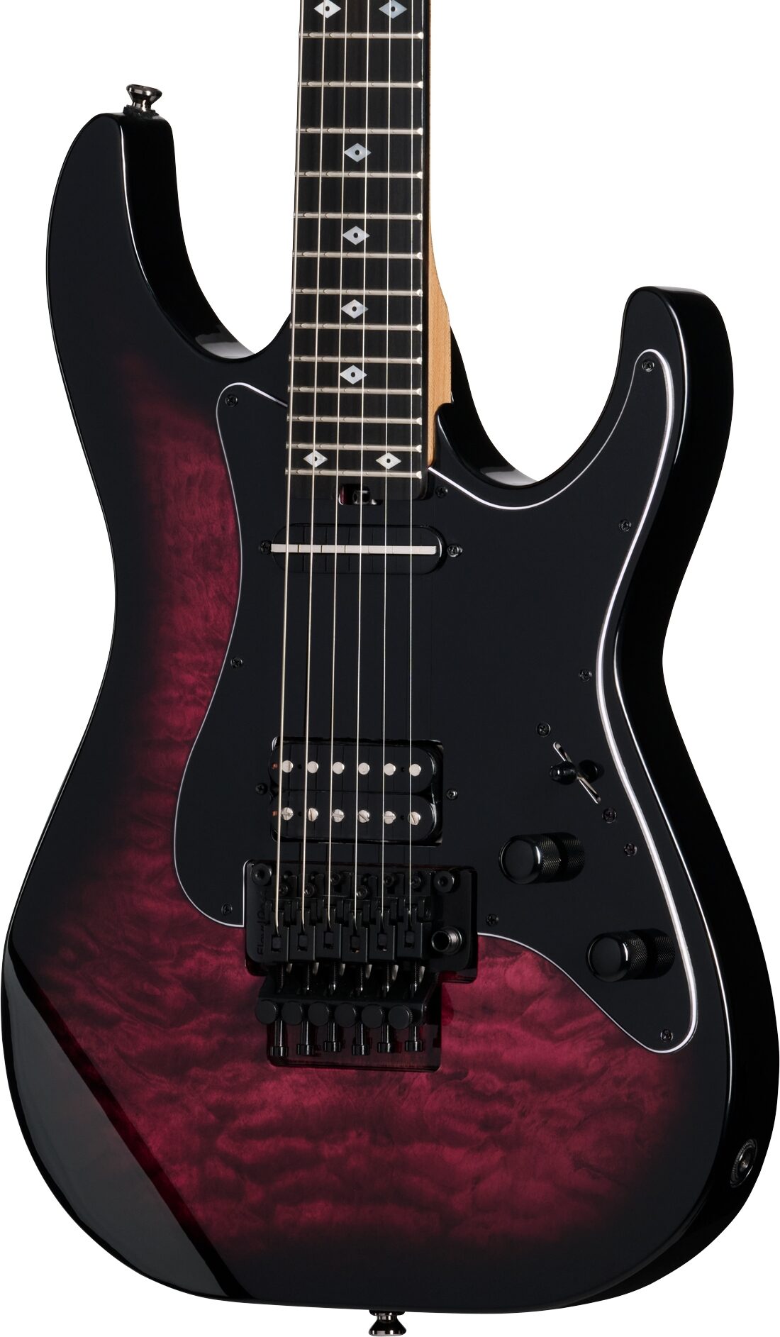 Kramer Volante Quilt HSFR Electric Guitar (with Gig Bag), Magenta Burst, Action Position Back