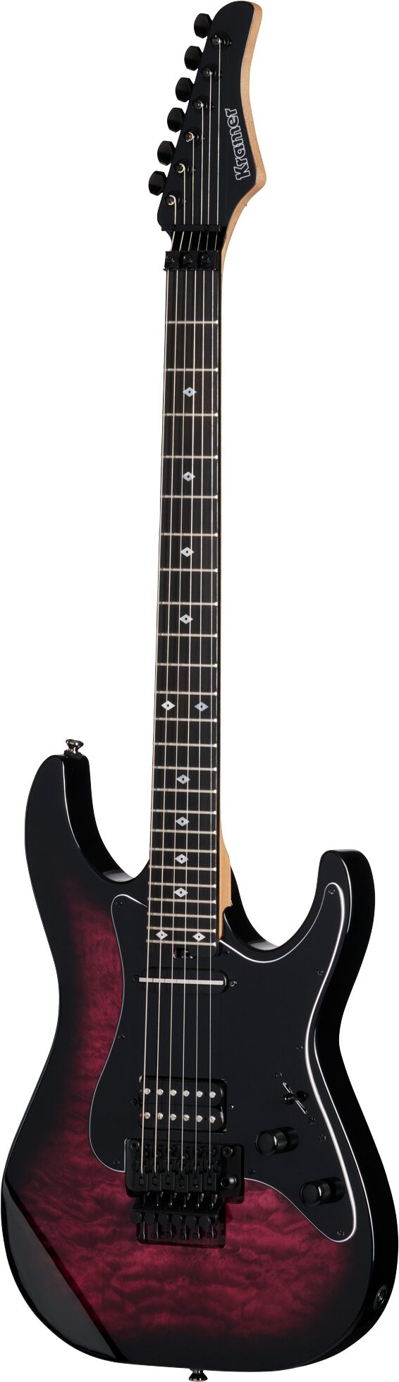 Kramer Volante Quilt HSFR Electric Guitar (with Gig Bag), Magenta Burst, Action Position Back