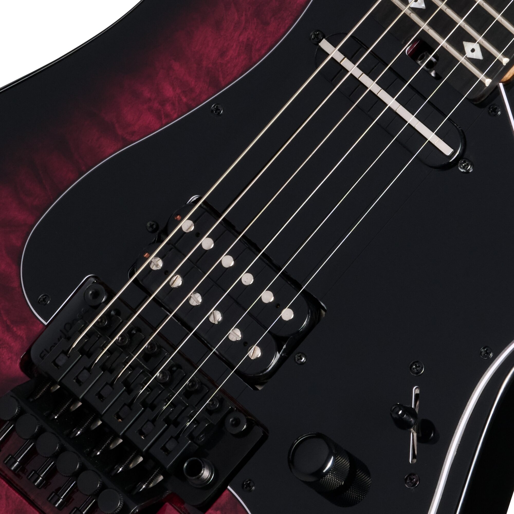 Kramer Volante Quilt HSFR Electric Guitar (with Gig Bag), Magenta Burst, Action Position Back
