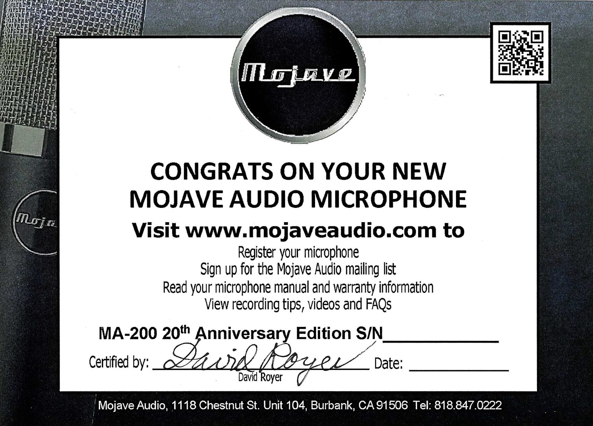 Mojave Audio MA-200AE 20th Anniversary MA-200 Tube Condenser Microphone, New, Action Position Back