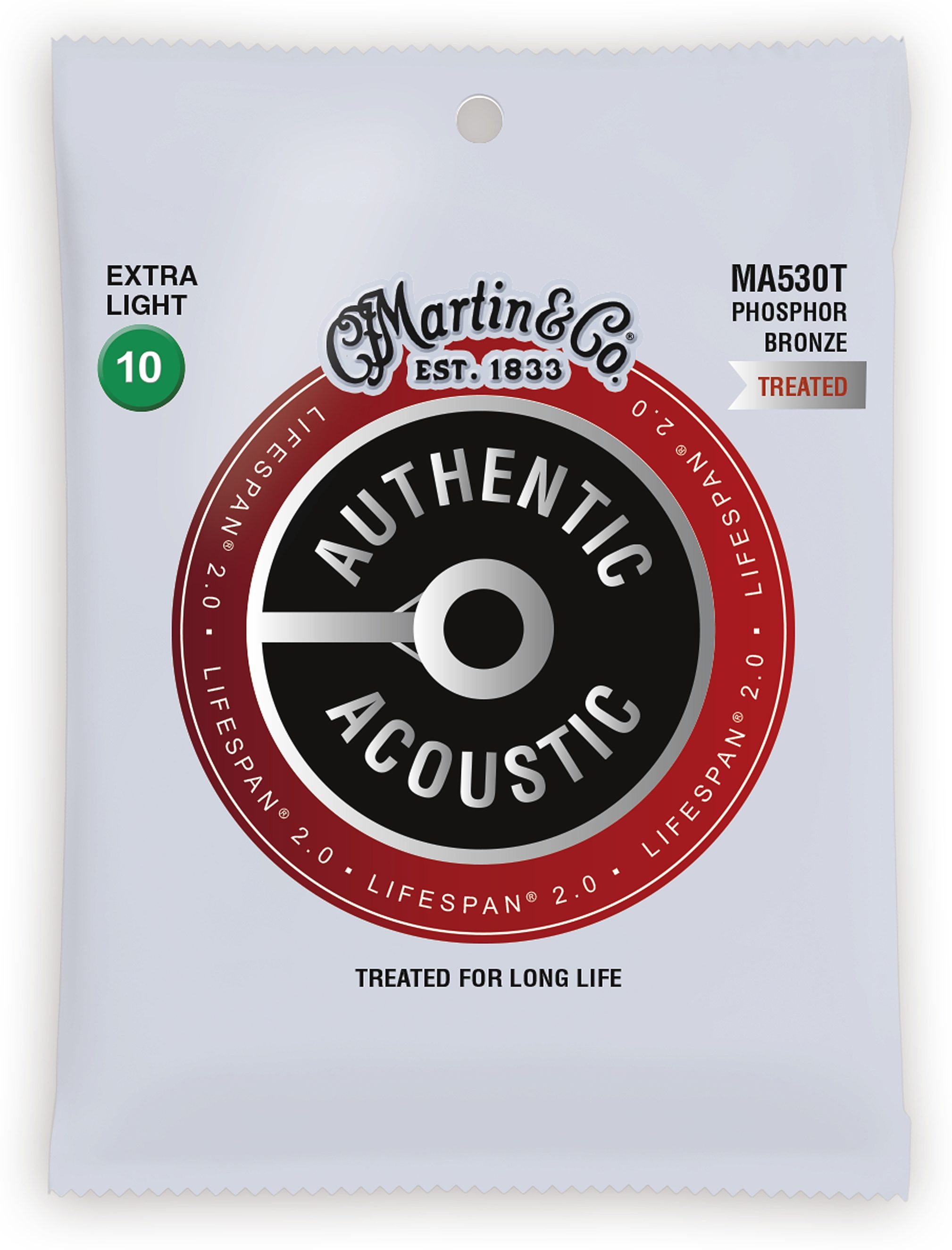 Martin Authentic Lifespan 2.0 Treated Phosphor Bronze Acoustic Guitar Strings, MA530T, Extra Light, Action Position Back