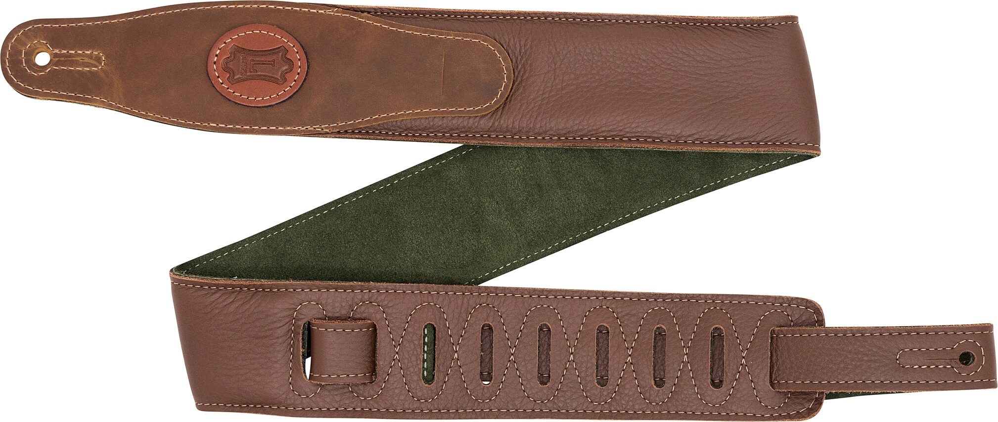 Levy's Padded Garment Leather Guitar Strap, Brown Green, 2.5 inch, MGS80CS-BRN-GRN, Action Position Back
