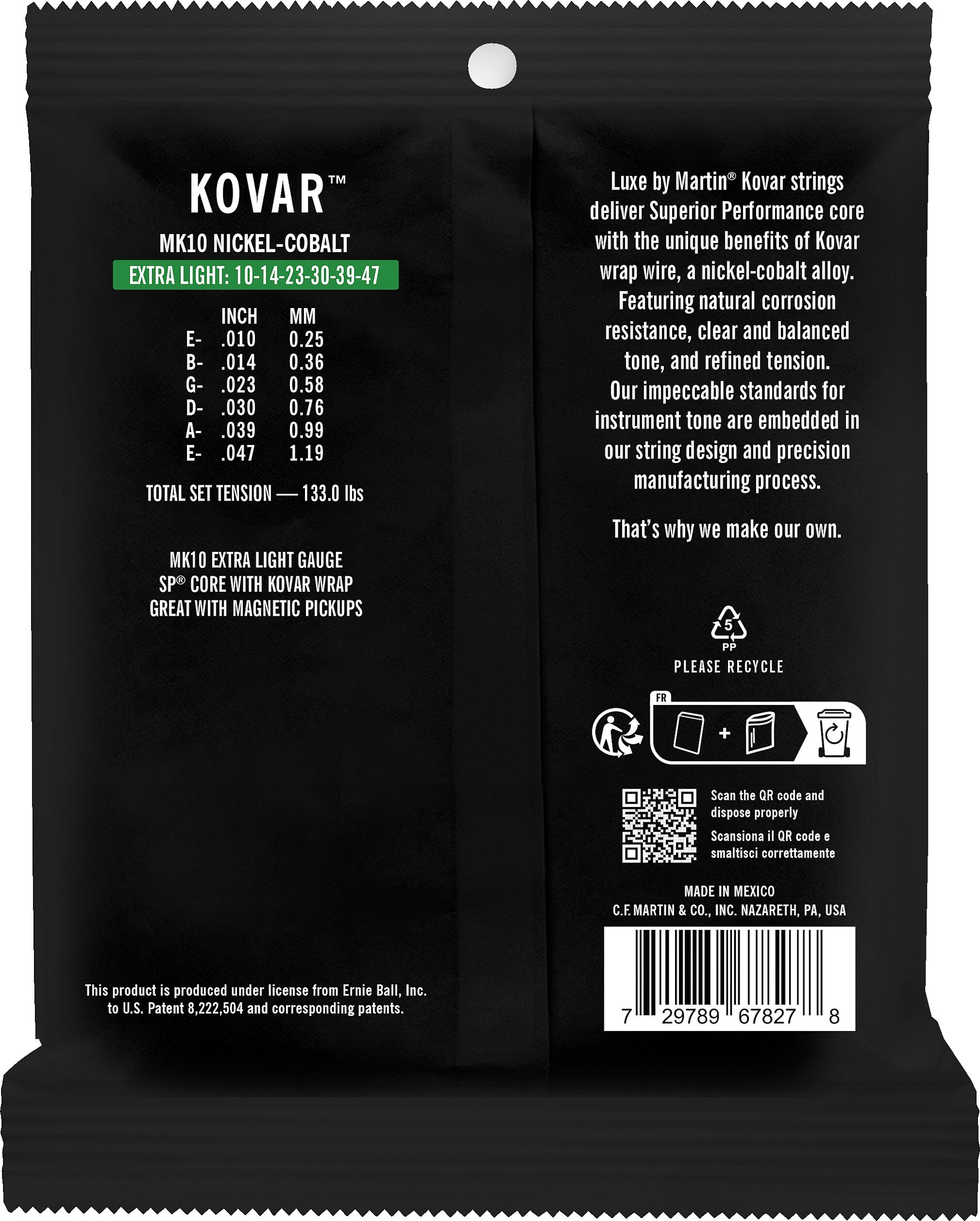 Martin Luxe Kovar Acoustic Guitar Strings, Extra Light, 41Y24MK10, Action Position Back