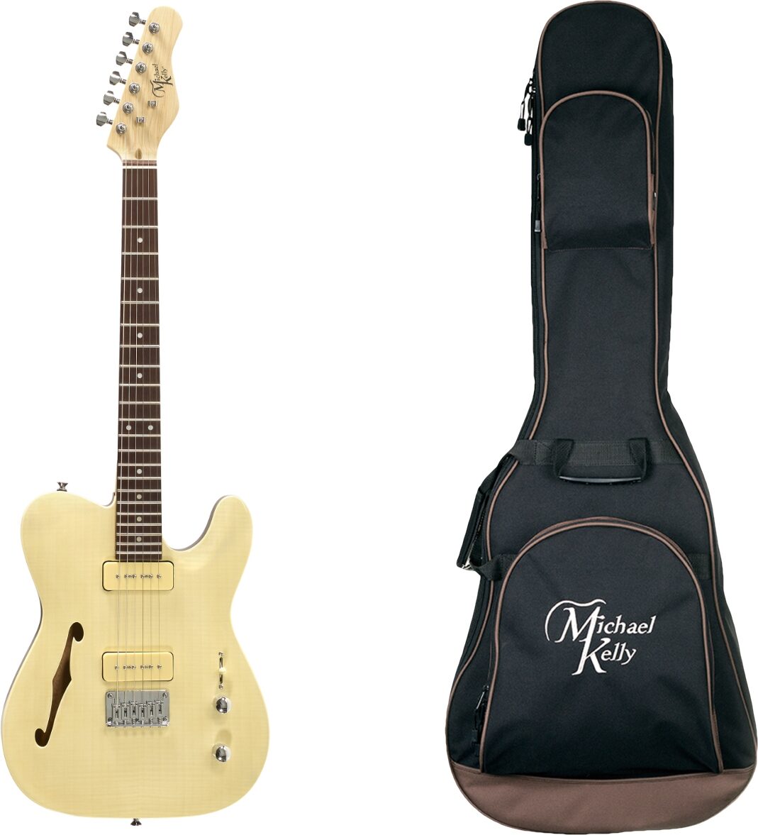 Michael Kelly 58 Thinline Electric Guitar, Natural, Flame Maple Top, with Gig Bag, Main