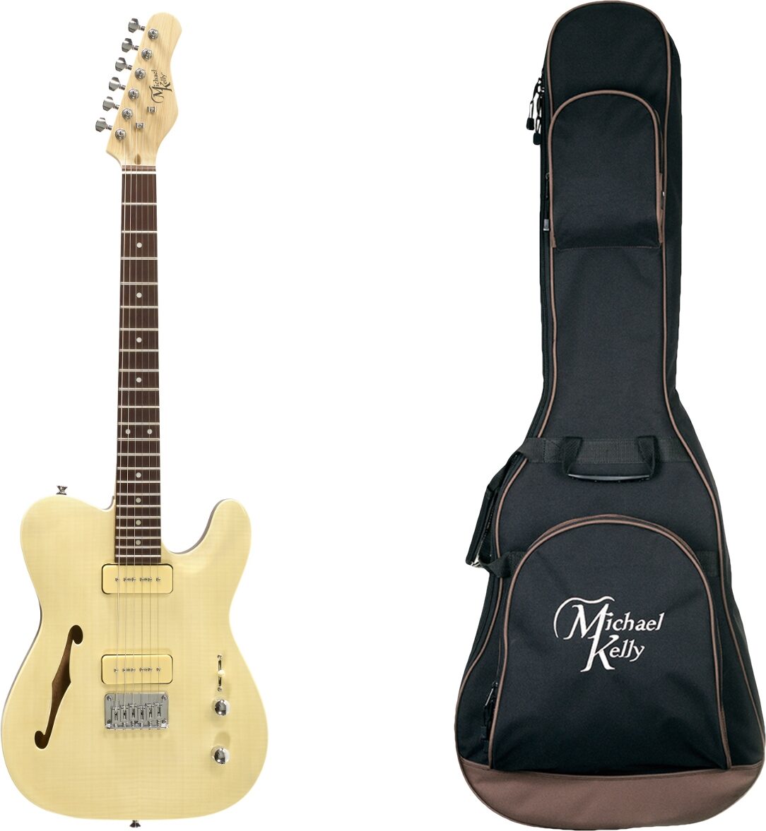Michael Kelly 59 Thinline Electric Guitar, Natural Top, Flame Maple, with Gig Bag, Main