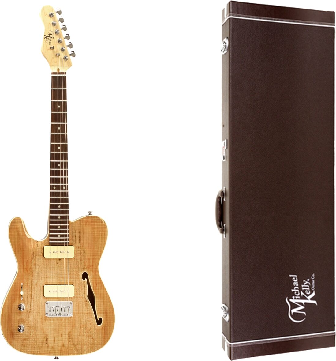 Michael Kelly 59 Thinline Electric Guitar, Left Handed, Natural, Spalted Maple Top, with Case, Main