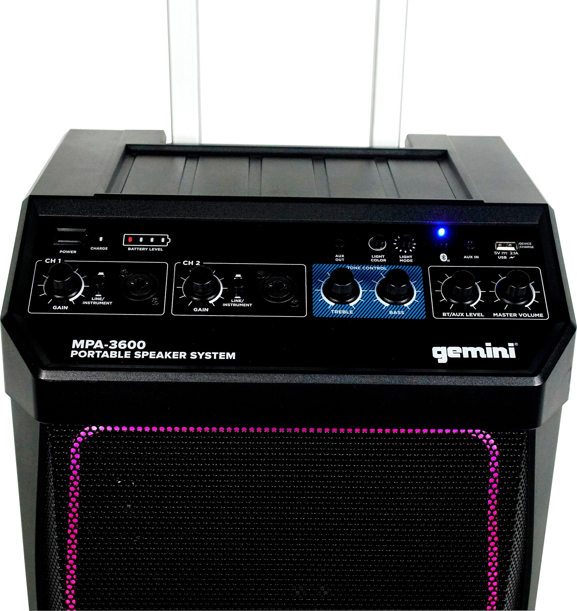 Gemini MPA-3600 Rechargeable Bluetooth Speaker with Lights, Action Position Back