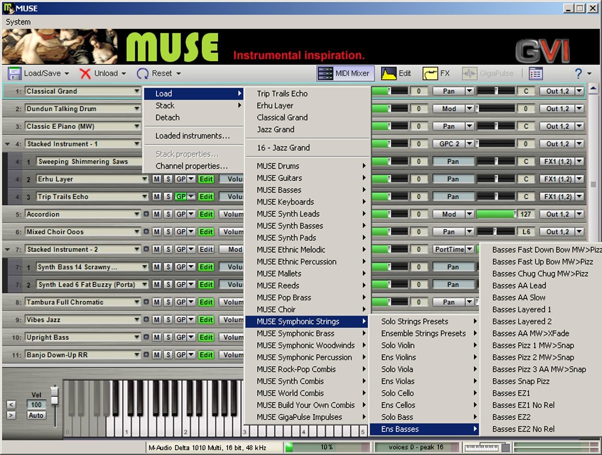 SONiVOX Muse Virtual Instrument Collection DVD (Windows), Menu