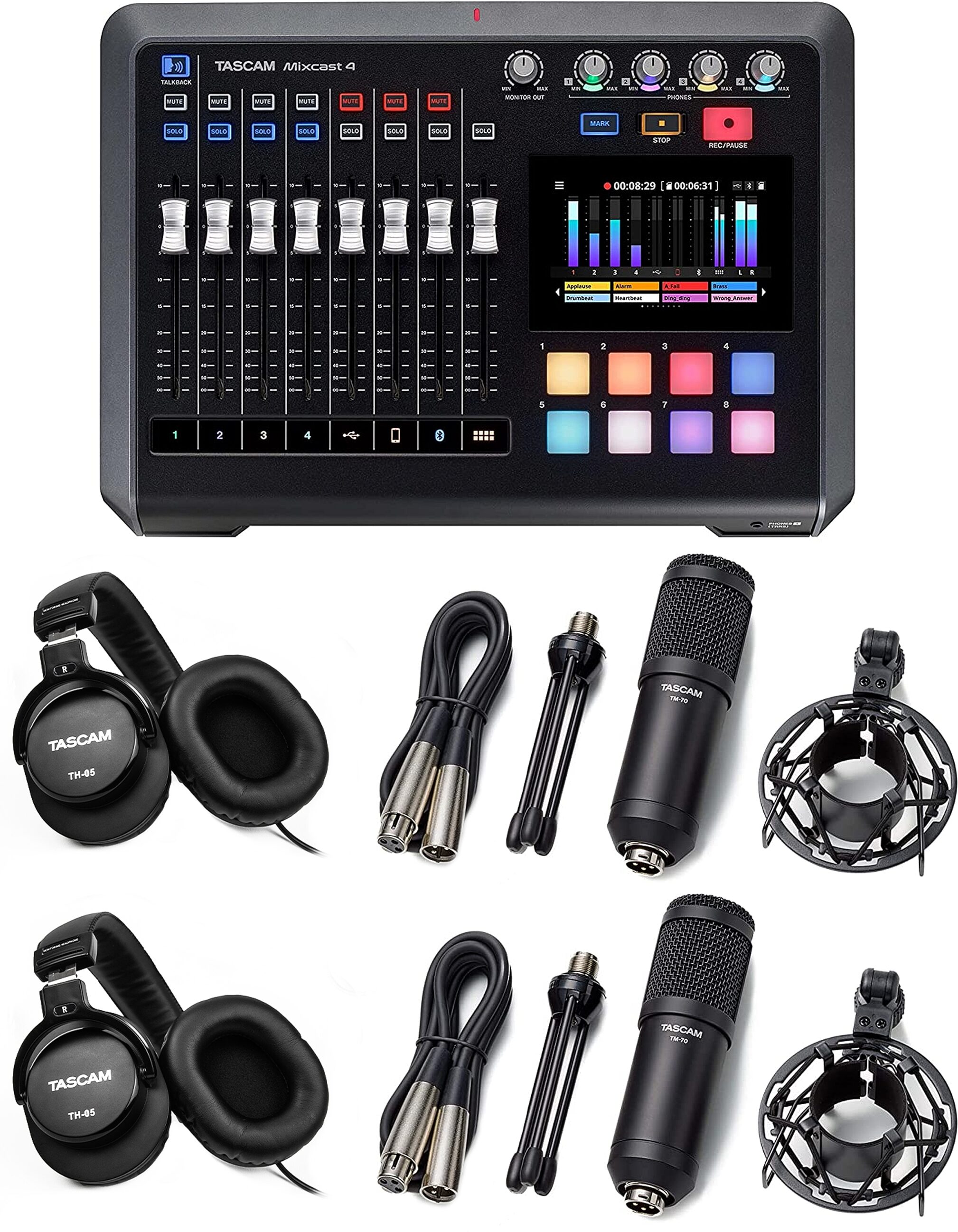TASCAM Mixcast 4 Podcast Workstation, Bundle with (2) TM70's and (2) TH02B's, Action Position Back