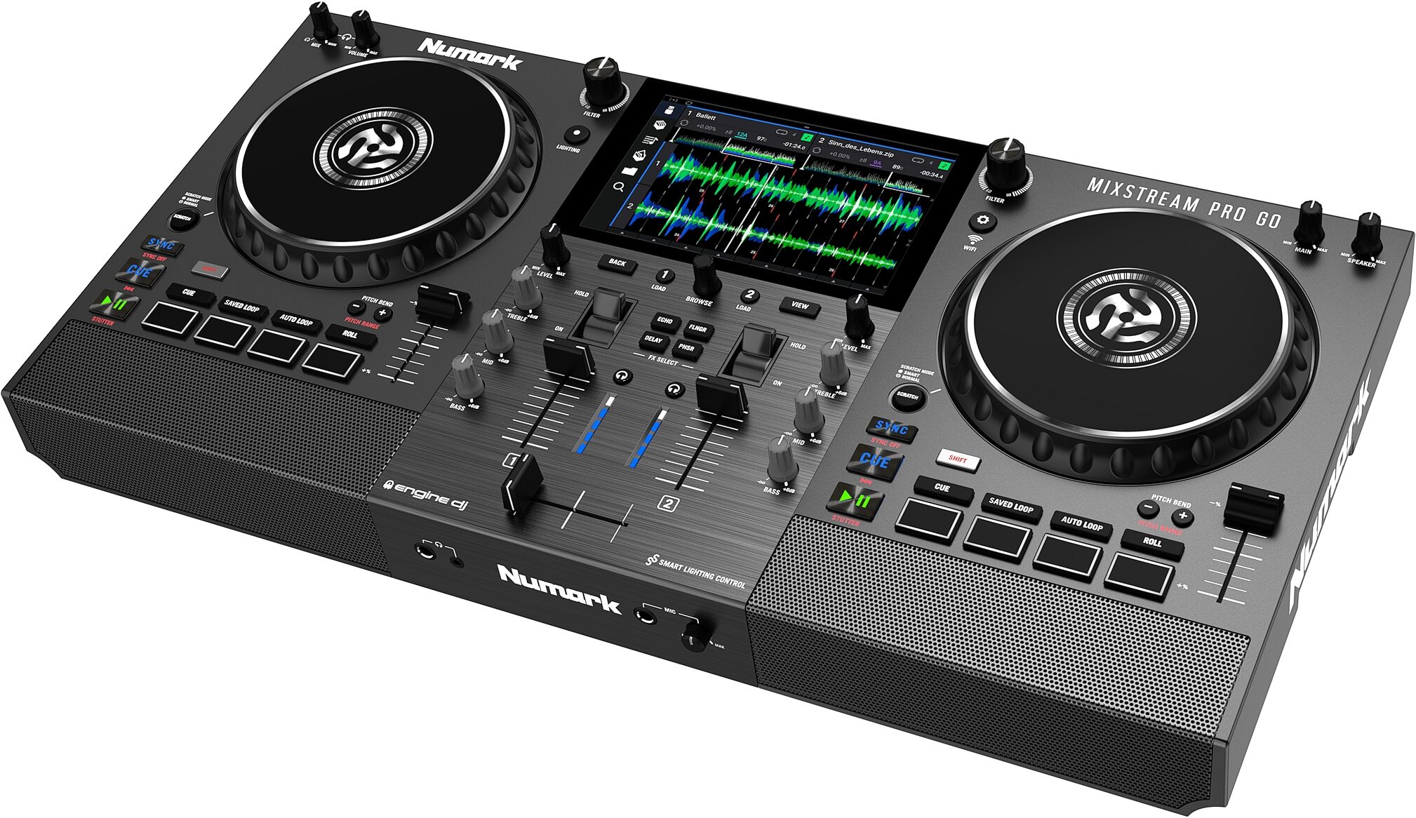 Numark Mixstream Pro Go Battery-Powered Standalone DJ System/Controller, New, Left Angle