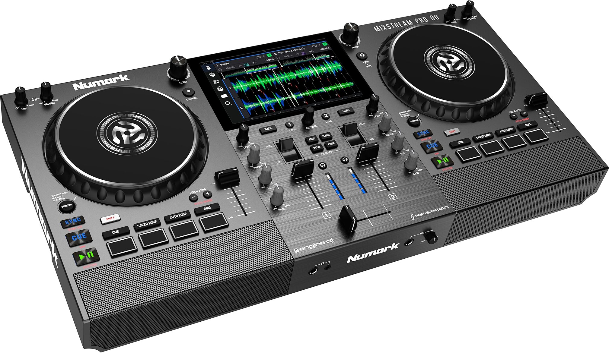 Numark Mixstream Pro Go Battery-Powered Standalone DJ System/Controller, New, Right Angle