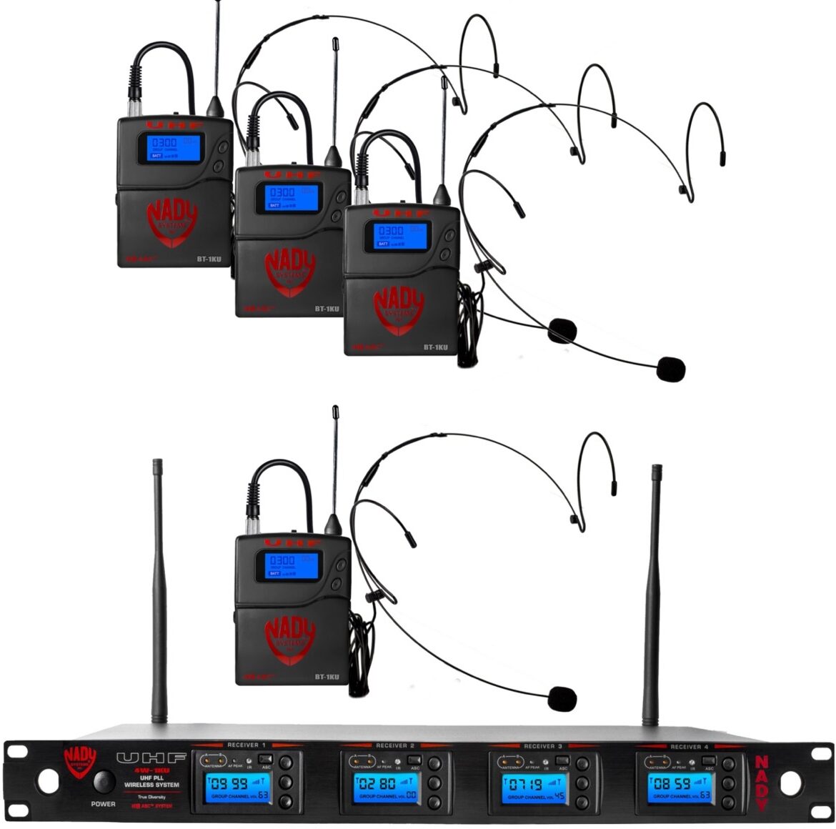 Nady 4W-1KU HM-10 Quad 1000-Channel UHF Wireless Headset Microphone System, view