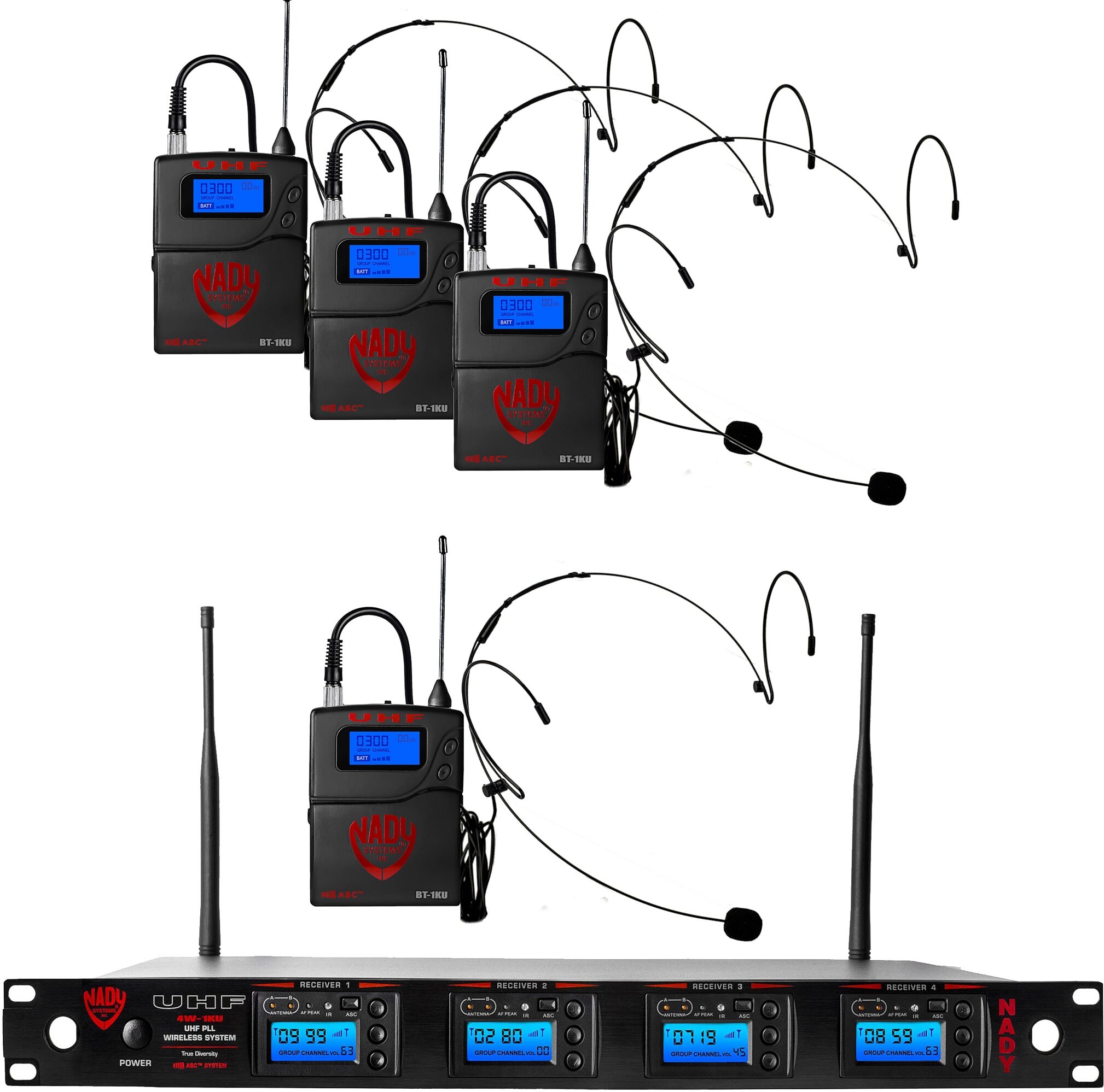 Nady 4W-1KU HM-10 Quad 1000-Channel UHF Wireless Headset Microphone System, Action Position Back
