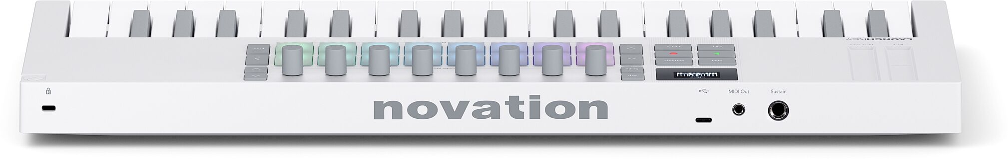 Novation Launchkey Mini 37 USB MIDI Keyboard Controller, White, Action Position Back