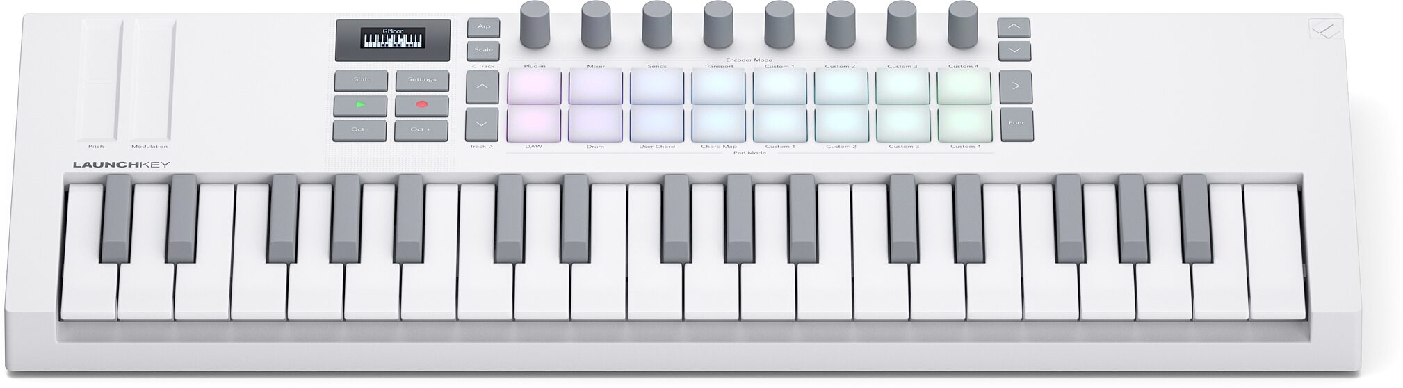 Novation Launchkey Mini 37 USB MIDI Keyboard Controller, White, Action Position Back
