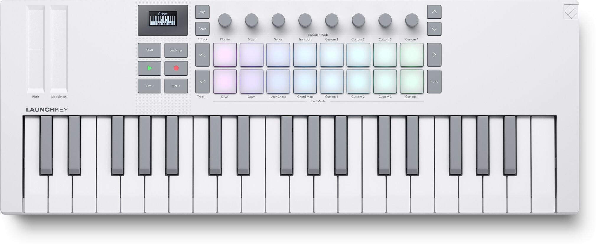 Novation Launchkey Mini 37 USB MIDI Keyboard Controller, White, Action Position Back