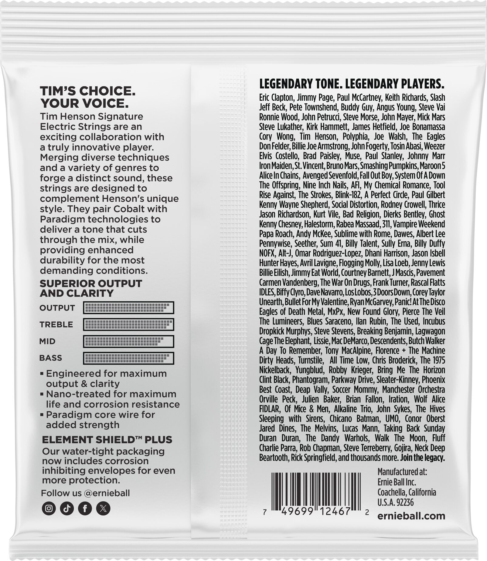Ernie Ball P03826 Tim Henson Signature Electric Guitar Strings, New, Action Position Back