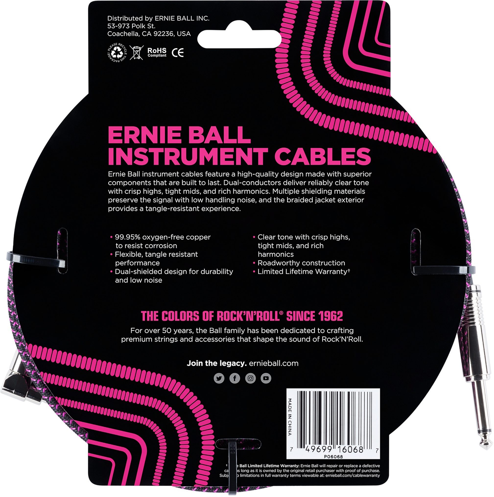 Ernie Ball Braided Guitar Cable, Action Position Back