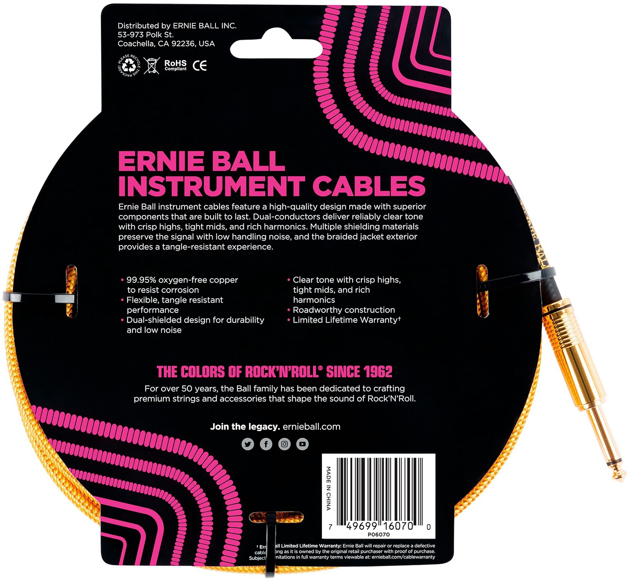 Ernie Ball Braided Guitar Cable, Action Position Back
