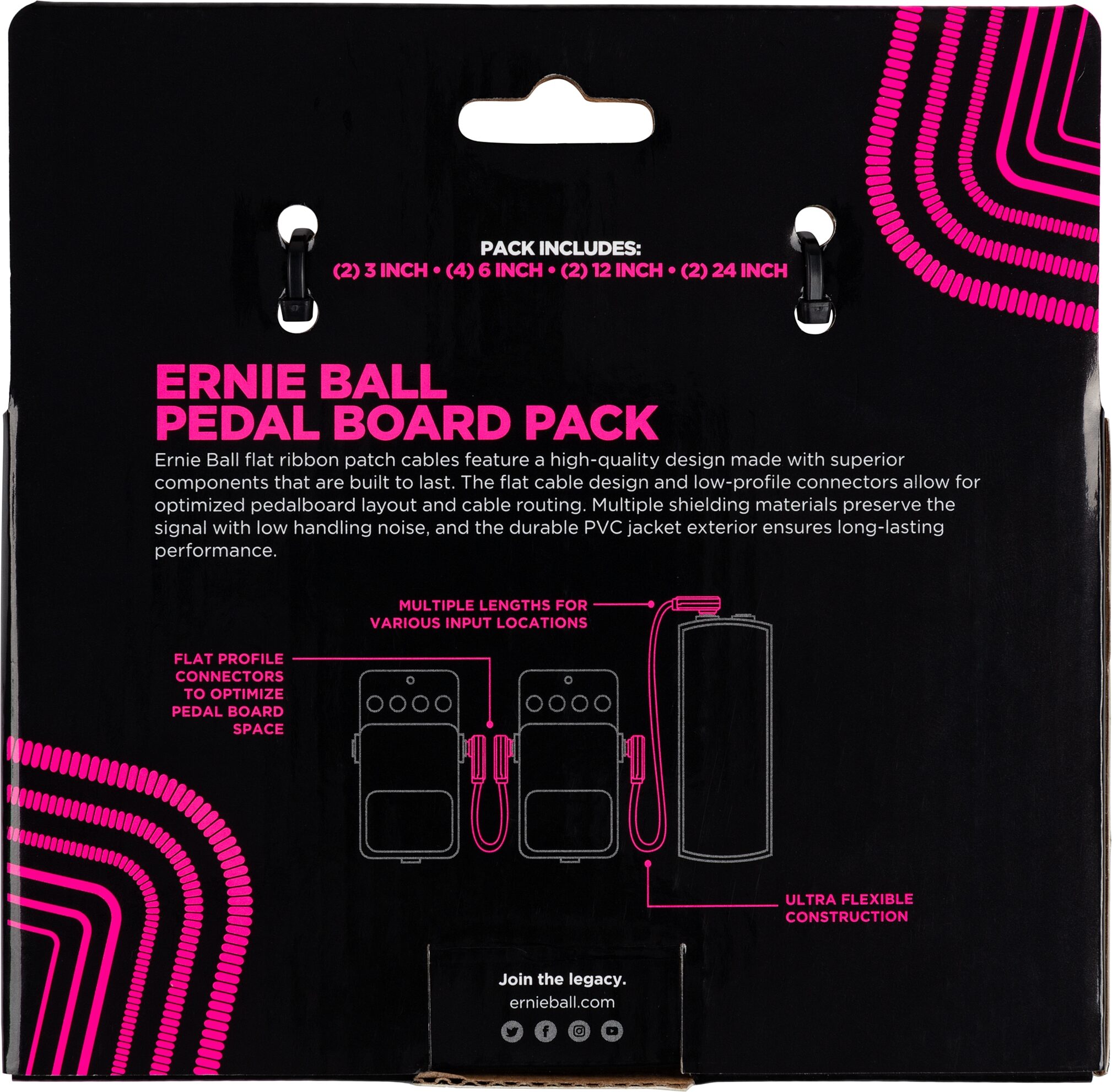 Ernie Ball Flat Ribbon Patch Cable Kit, Black, Pedalboard Pack with 10 Cables, Action Position Back