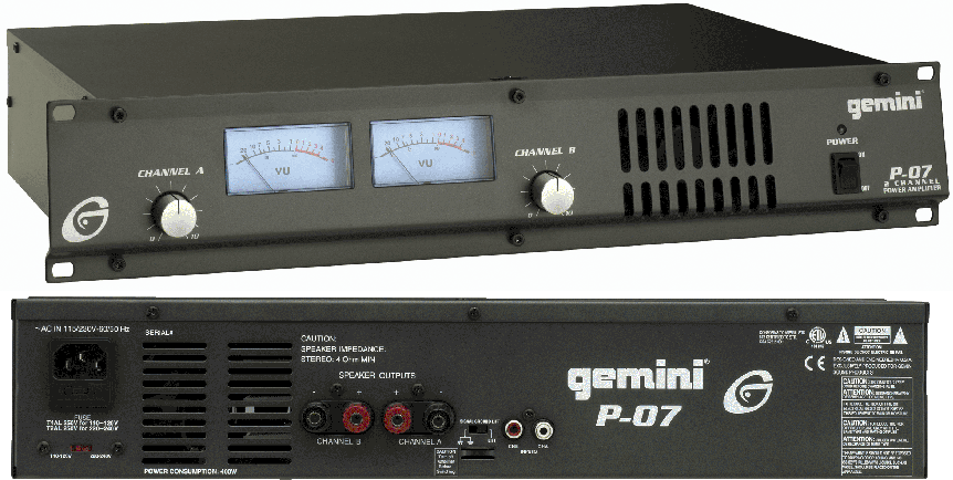 Gemini P07 Rackmount Stereo Power Amplifier (90 Watts), Angle & Rear
