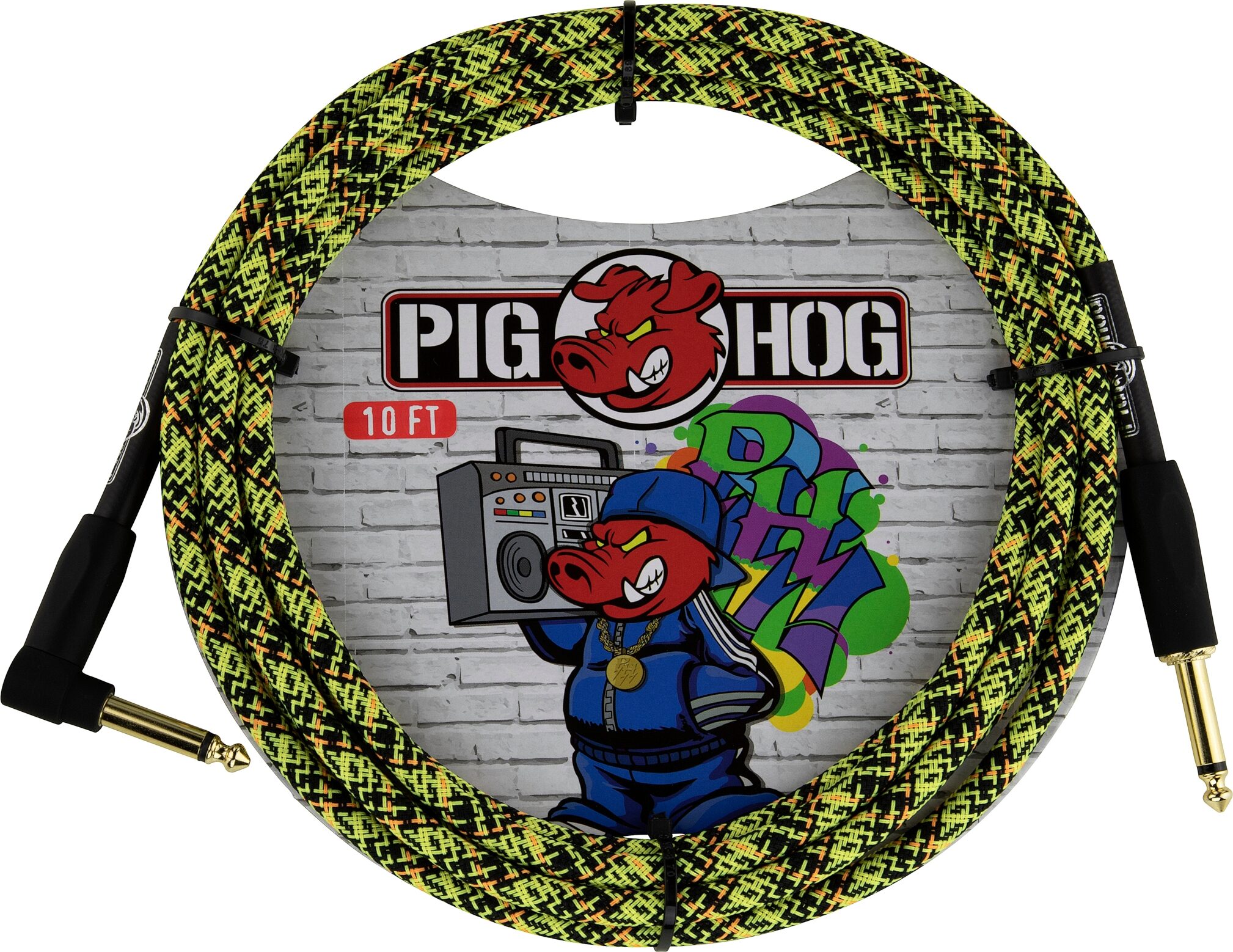 Pig Hog Vintage Series Instrument Cable, 1/4" Straight to 1/4" Right Angle, Yellow Graffiti, 10 foot, Main