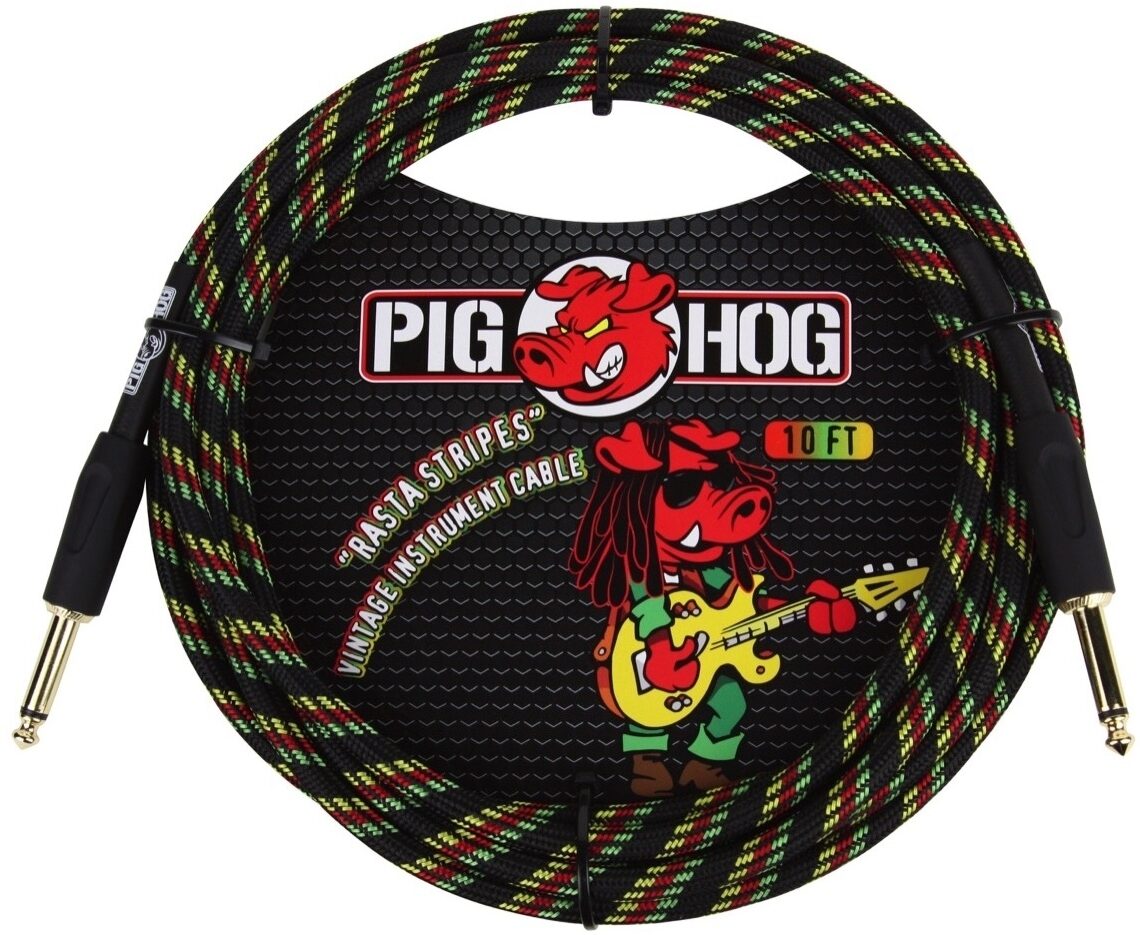 Pig Hog Vintage Series Instrument Cable, 1/4" Straight to 1/4" Straight, Rasta Stripes, 10 foot, Main