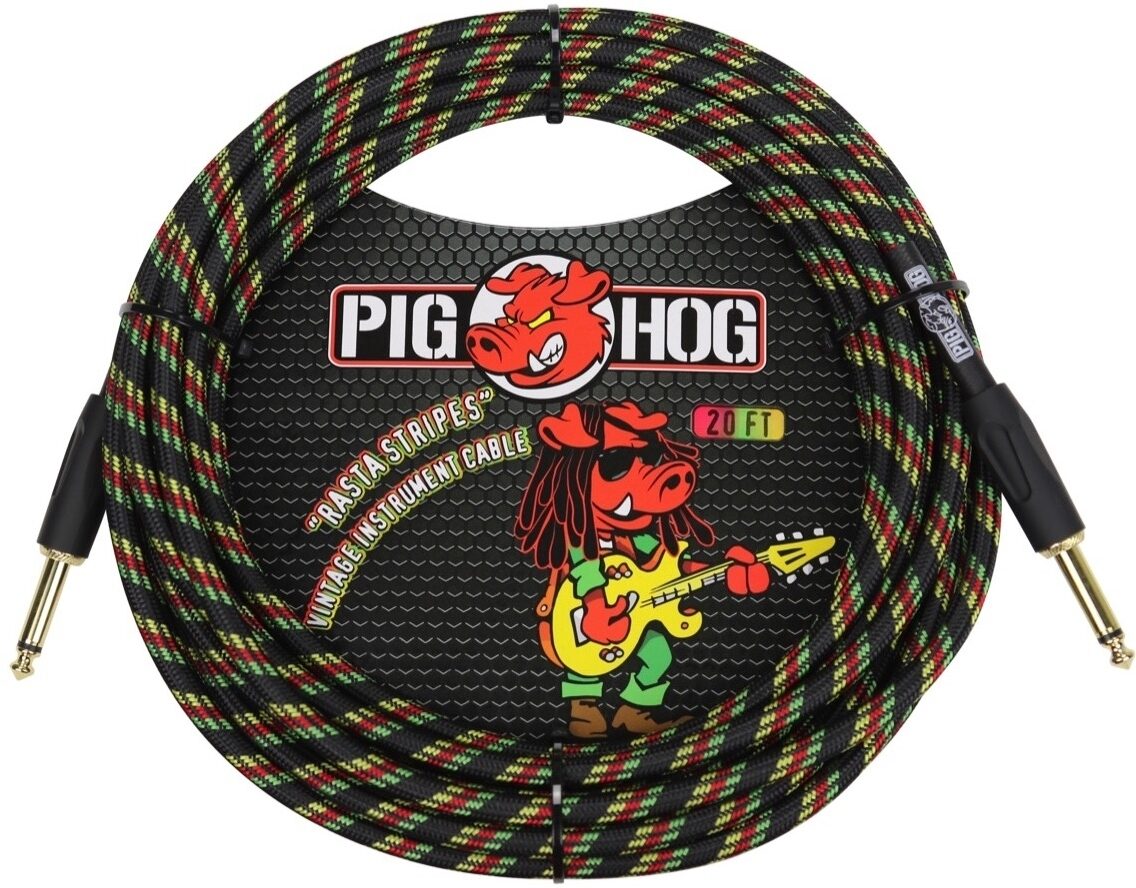 Pig Hog Vintage Series Instrument Cable, 1/4" Straight to 1/4" Straight, Rasta Stripes, 20 foot, Main