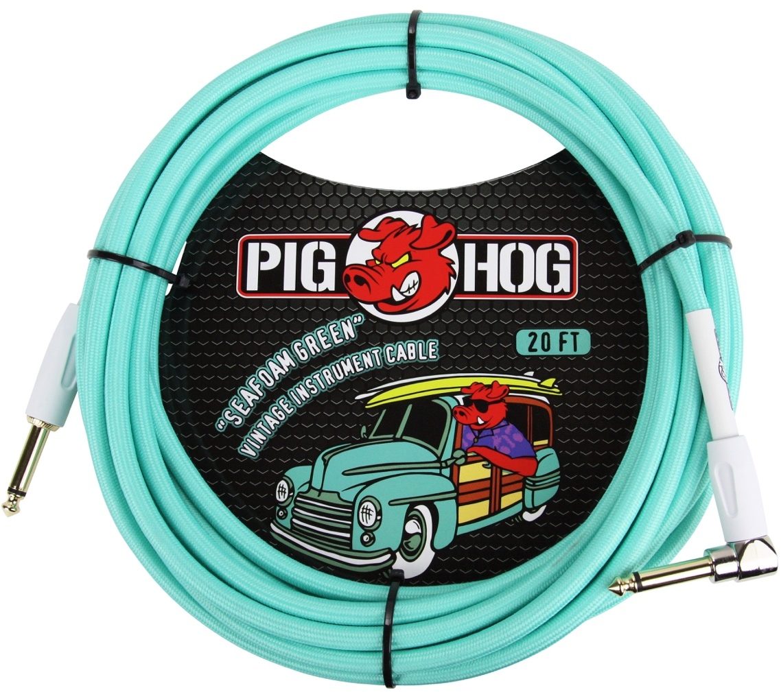 Pig Hog Vintage Series Instrument Cable, 1/4" Straight to 1/4" Right Angle, Sea Foam Green, 20 foot, Seafoam Green