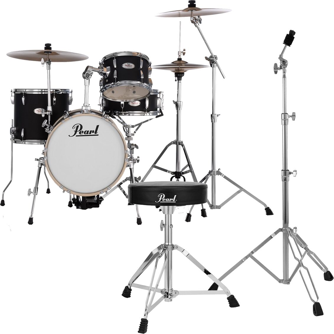 Pearl Midtown Series Drum Kit, 4-Piece, Asphalt Black, with Drum Throne and Cymbal Stand, pack