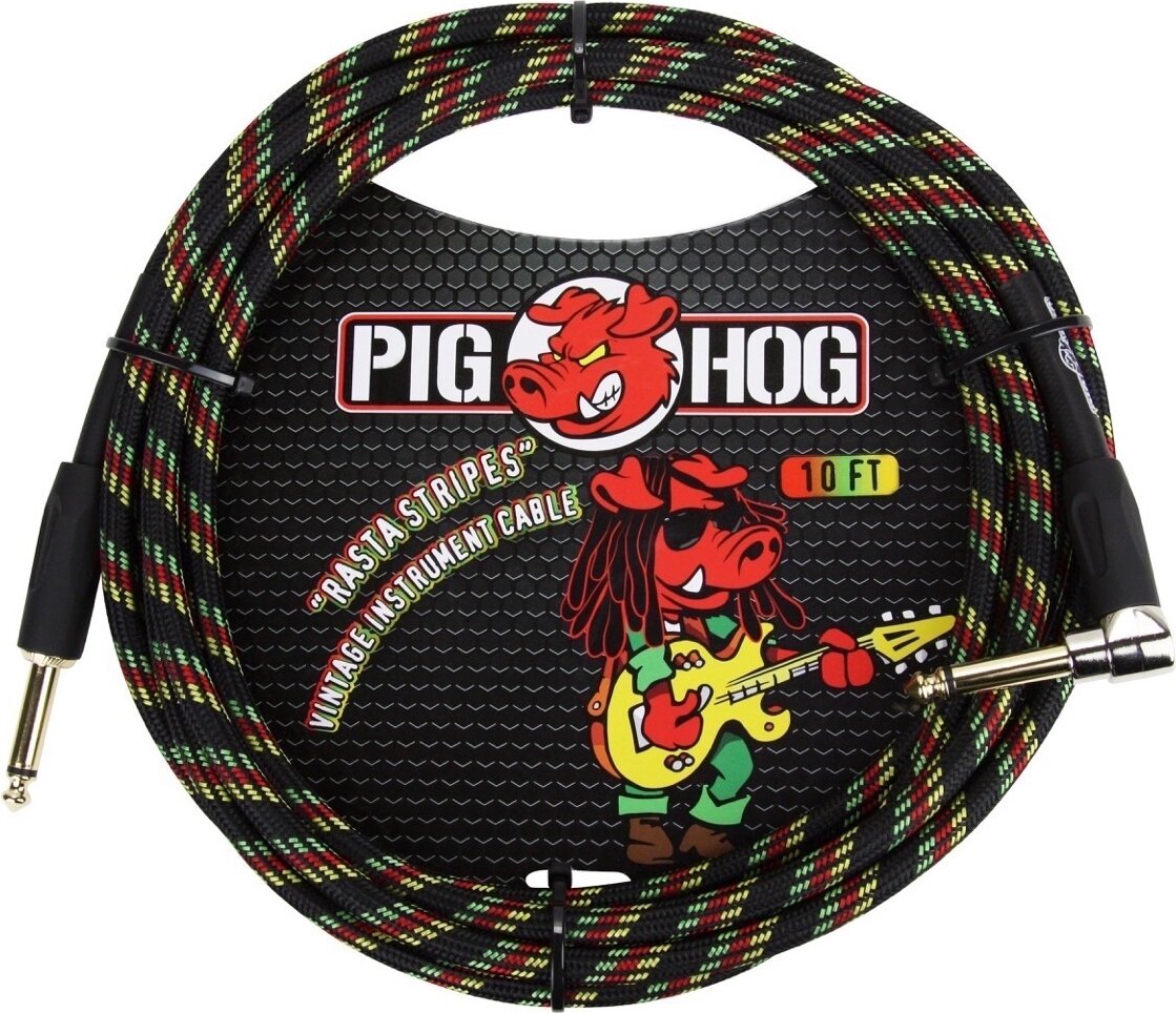 Pig Hog Vintage Series Instrument Cable, 1/4" Straight to 1/4" Right Angle, Rasta Stripe, 10 foot, Rasta Stripes