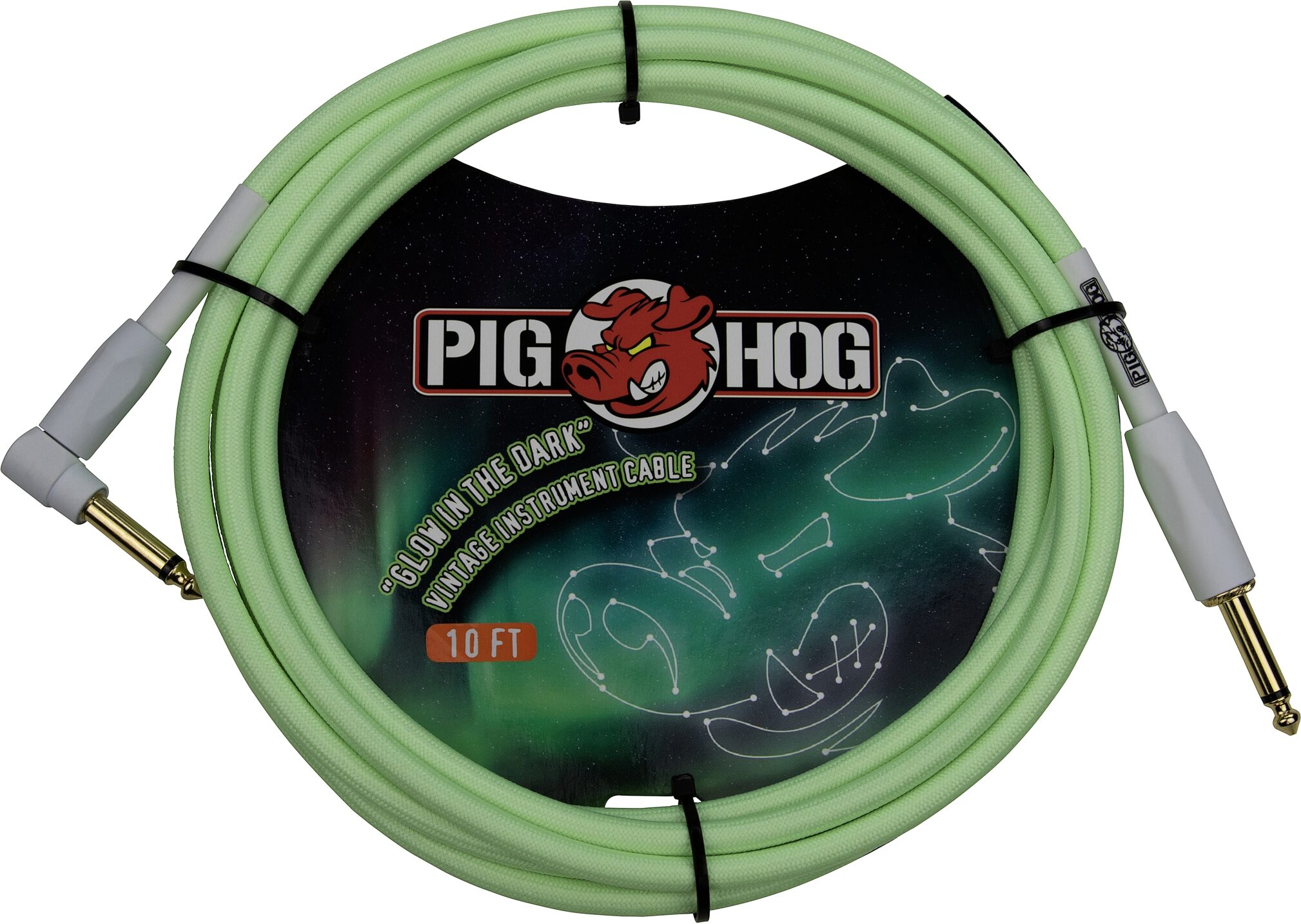 Pig Hog Vintage Series Instrument Cable, 1/4" Straight to 1/4" Straight, Glow in the Dark, 10 foot, Action Position Back