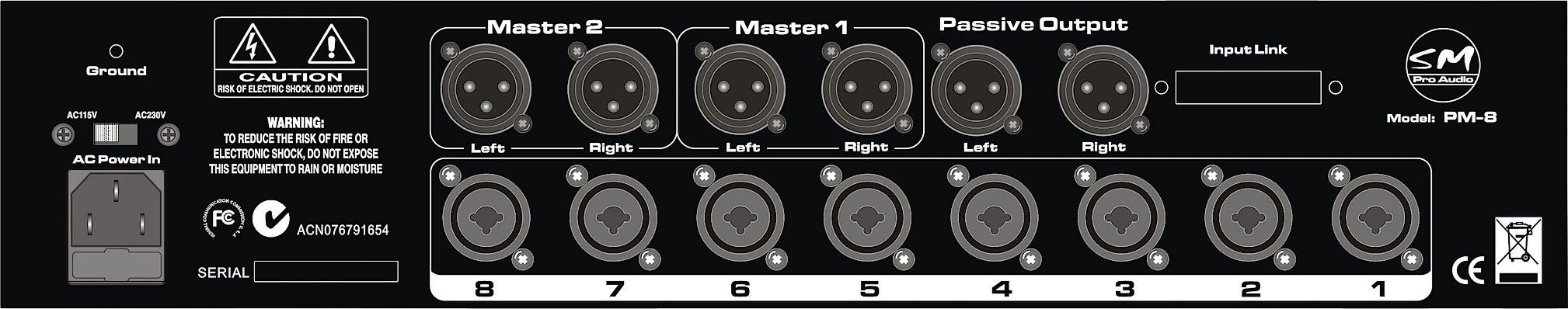 SM Pro Audio PM8 8-Channel Passive Summing Mixer, Rear