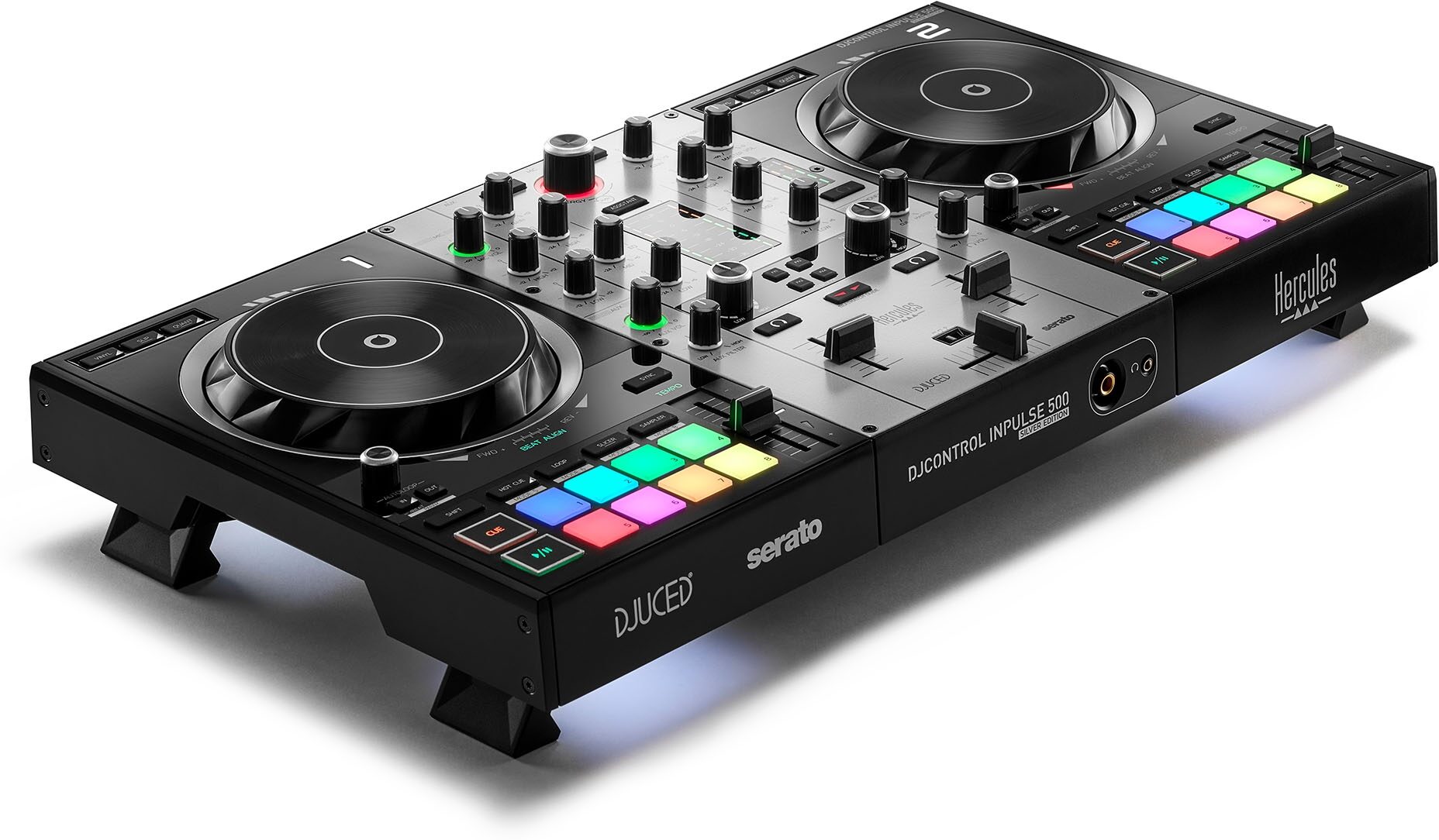 Hercules DJControl Inpulse 500 DJ Controller, Limited-Edition Silver, with Included Carry Case, Angle